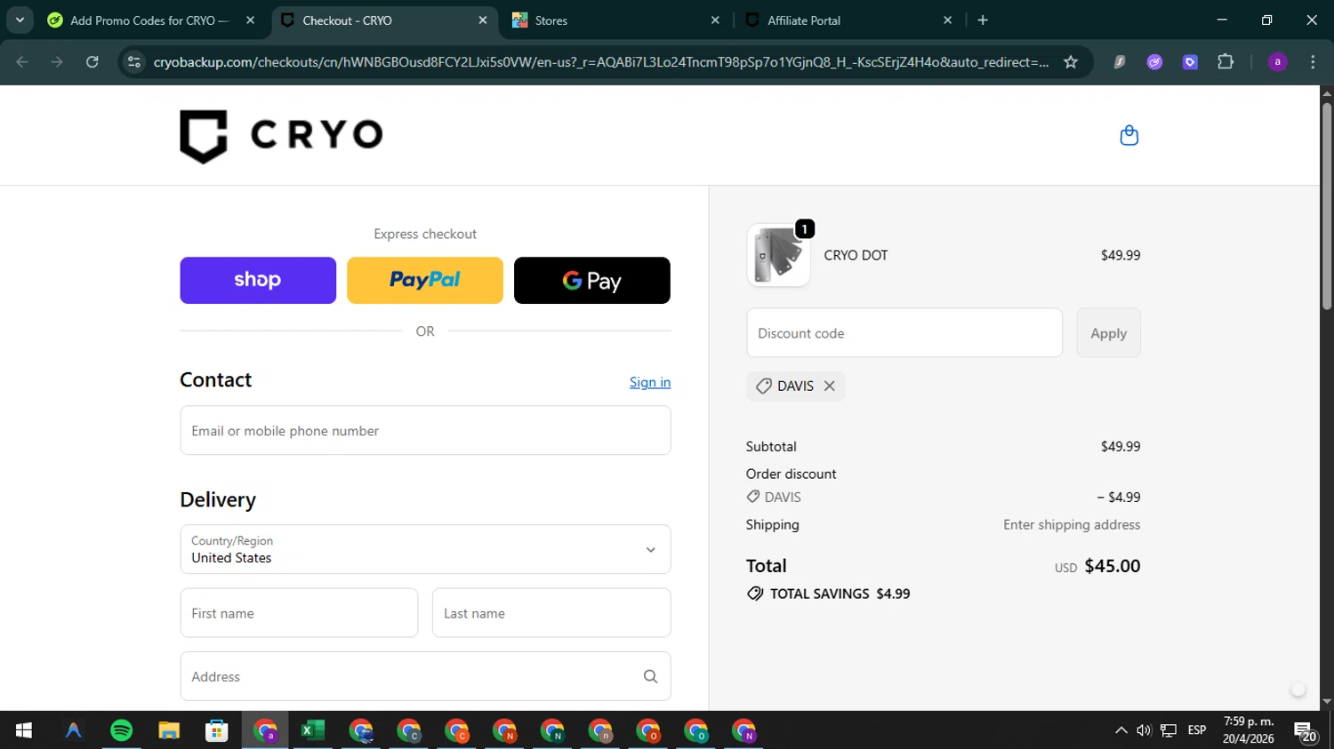 CRYO promo code screenshot showing code DAVIS applied at CRYO checkout page. Uploaded by SimplyCodes community member CoinElite8997 on Apr 20, 2026