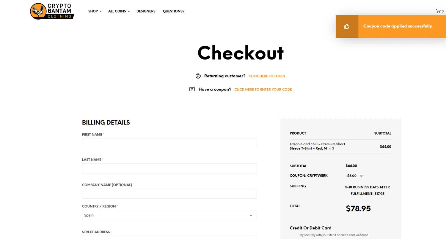 CryptoBantam promo code screenshot showing code CRYPTWERK applied at CryptoBantam checkout page. Uploaded by SimplyCodes community member VictoriousSpotter2855 on Jun 13, 2025