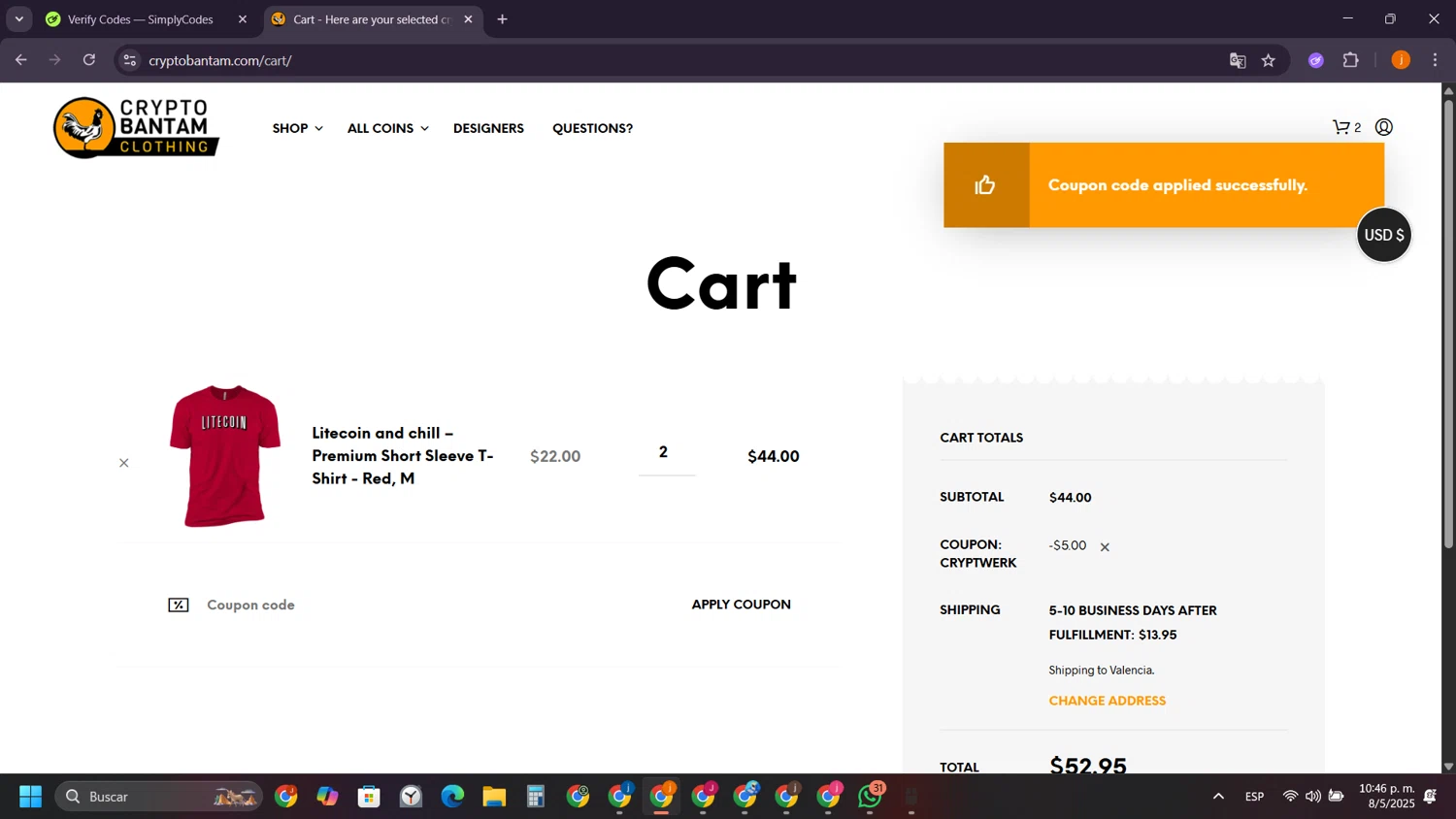 CryptoBantam promo code screenshot showing code CRYPTWERK applied at CryptoBantam checkout page. Uploaded by SimplyCodes community member SilverSentinel5952 on May 9, 2025