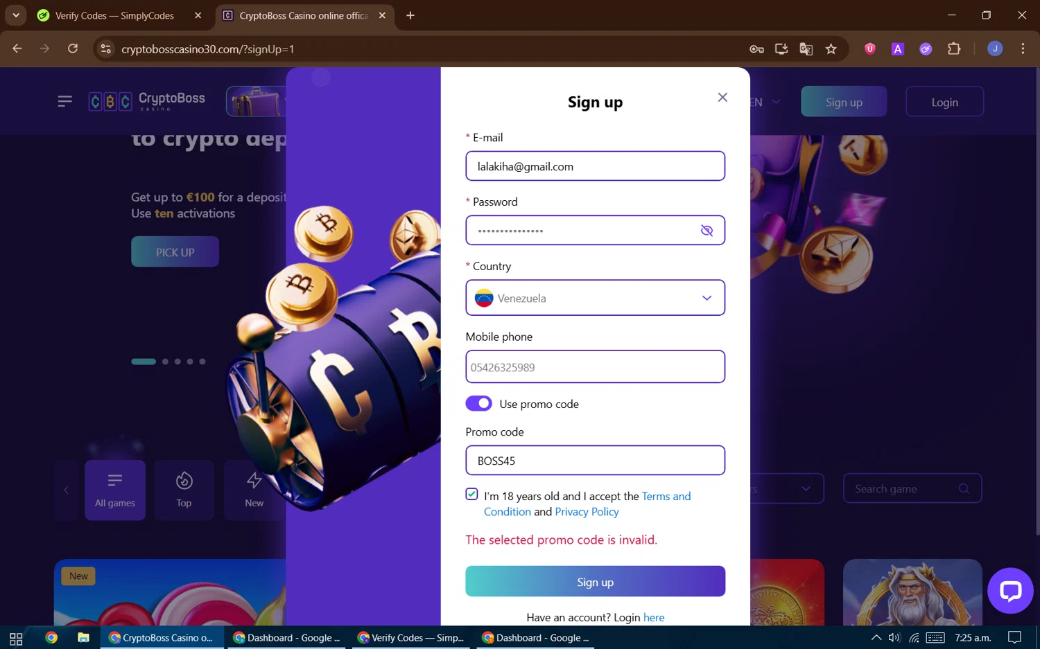Cryptoboss Casino promo code screenshot showing code BOSS45 applied at Cryptoboss Casino checkout page. Uploaded by SimplyCodes community member DealFinder1711 on Aug 10, 2025