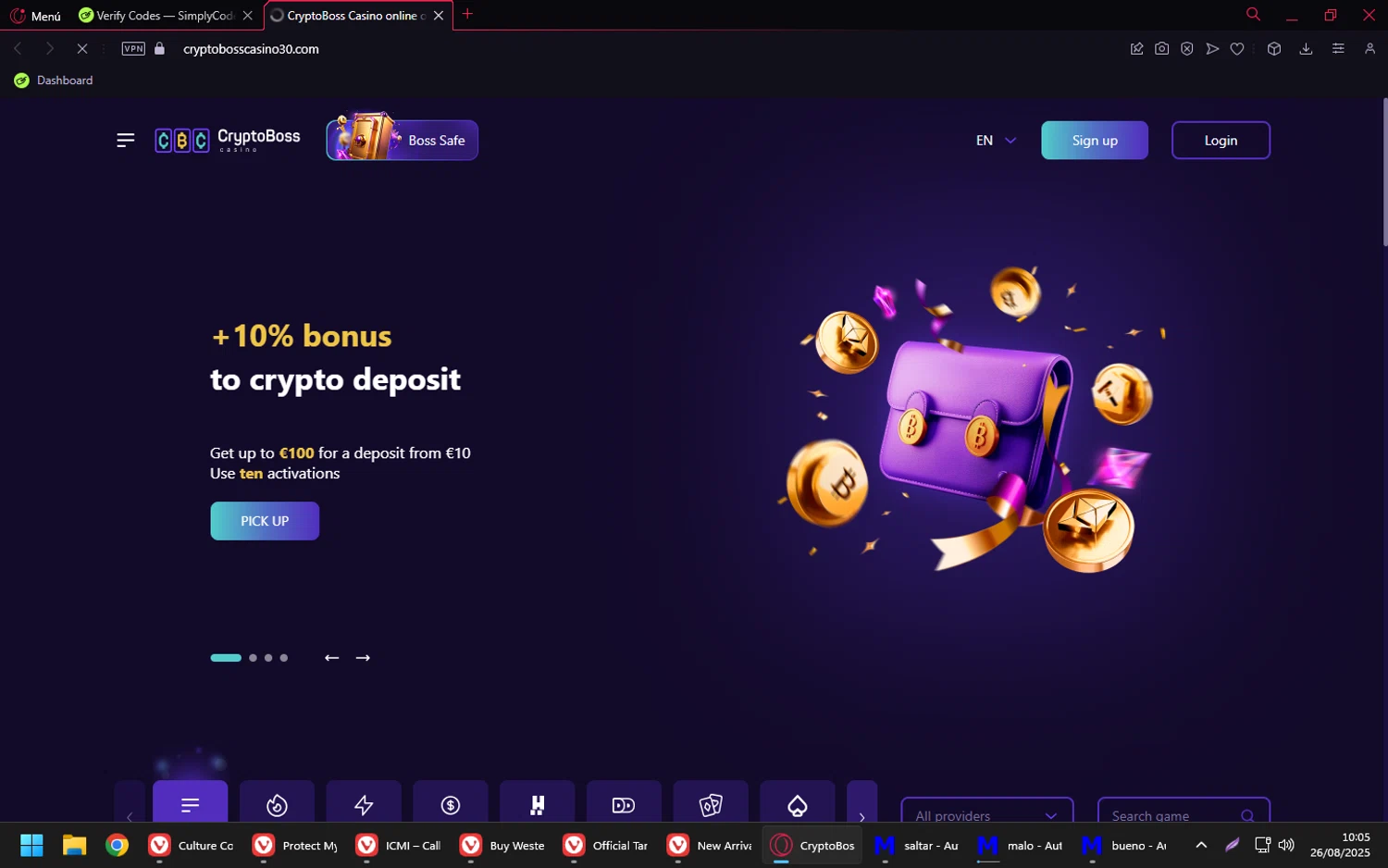 Cryptoboss Casino promo code screenshot showing code BUDGET applied at Cryptoboss Casino checkout page. Uploaded by SimplyCodes community member Purureche on Aug 26, 2025
