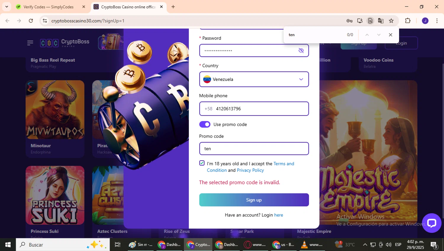 Cryptoboss Casino promo code screenshot showing code ten applied at Cryptoboss Casino checkout page. Uploaded by SimplyCodes community member CrownPhoenix4297 on Sep 29, 2025
