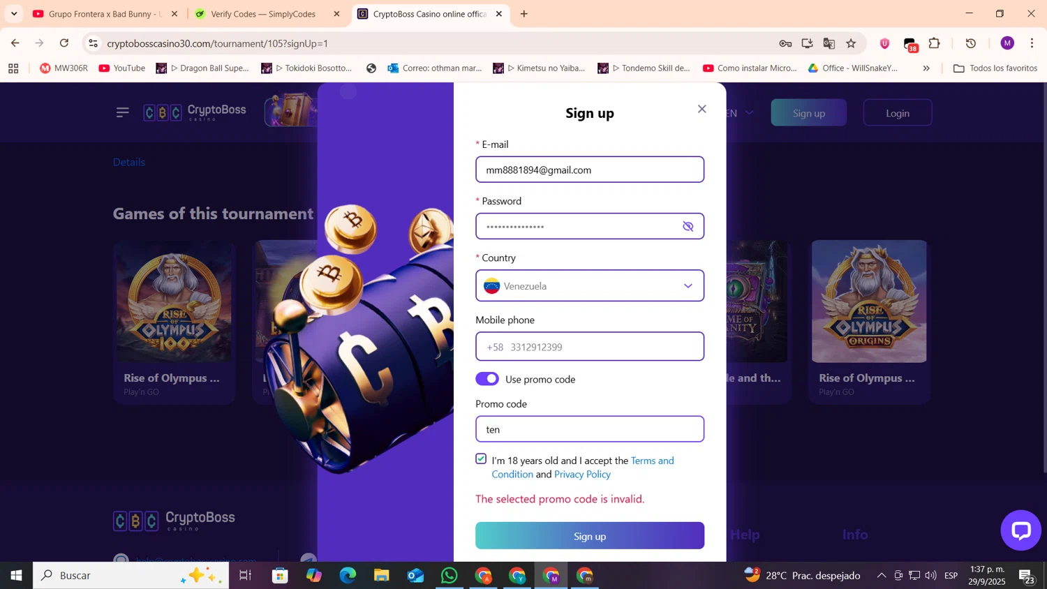 Cryptoboss Casino promo code screenshot showing code ten applied at Cryptoboss Casino checkout page. Uploaded by SimplyCodes community member cod_gakpo on Sep 29, 2025