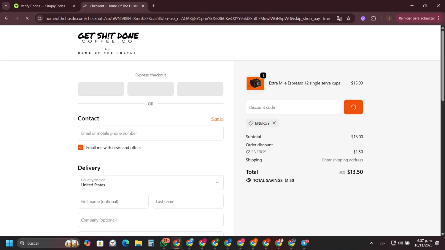 Crypto.com Tax promo code screenshot showing code 6jpa6vsgfw applied at Crypto.com Tax checkout page. Uploaded by SimplyCodes community member FrugalFinder745 on Nov 11, 2025