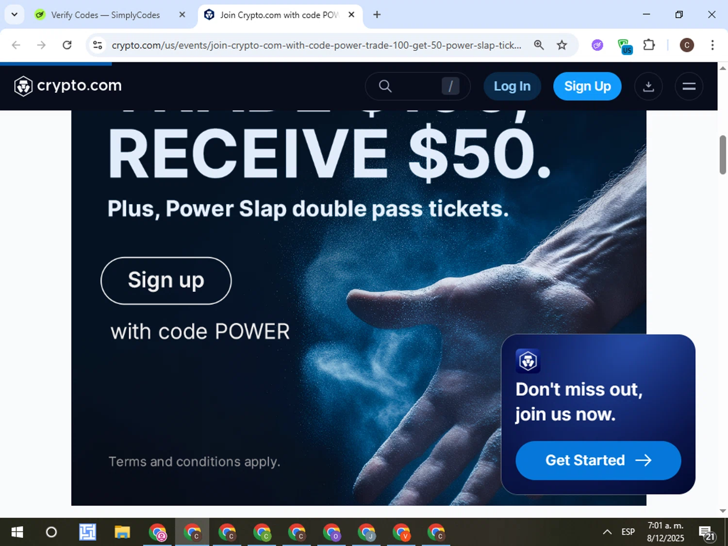 Crypto.com Tax promo code screenshot showing code POWER applied at Crypto.com Tax checkout page. Uploaded by SimplyCodes community member TreasureFox8596 on Dec 8, 2025