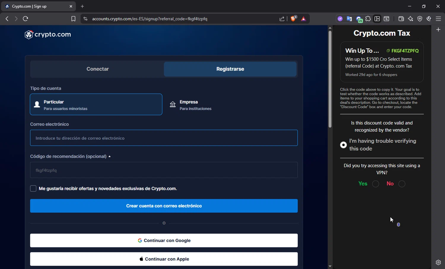 Crypto.com Tax promo code screenshot showing code fkgf4tzpfq applied at Crypto.com Tax checkout page. Uploaded by SimplyCodes community member josetf27 on Dec 16, 2025