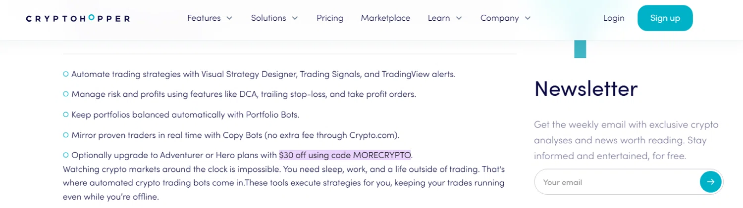 Cryptohopper promo code screenshot showing code MORECRYPTO applied at Cryptohopper checkout page. Uploaded by SimplyCodes community member PaulSkenes on Jun 6, 2026