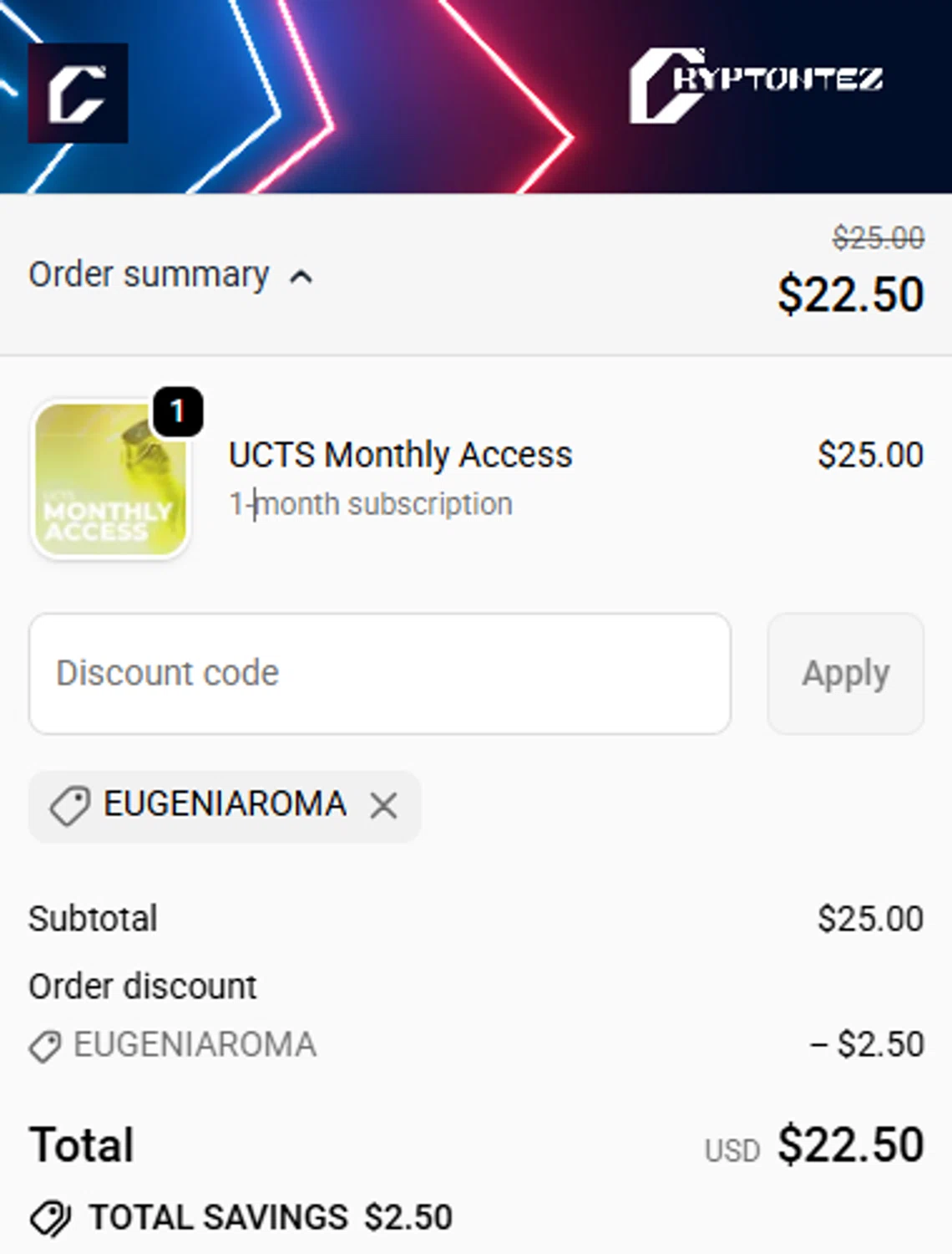 CryptoNTez promo code screenshot showing code EUGENIAROMA applied at CryptoNTez checkout page. Uploaded by SimplyCodes community member EugeniaRoMa on Jun 15, 2026