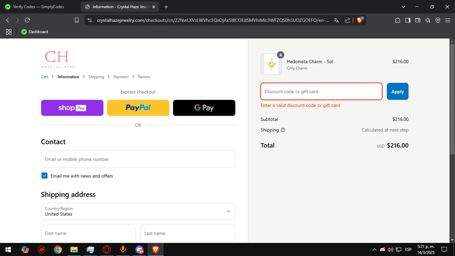 Crystal Haze Jewelry discount code screenshot showing code CRYSTALHAZE20 applied at Crystal Haze Jewelry checkout page. Uploaded by SimplyCodes community member Alegre on Mar 14, 2025