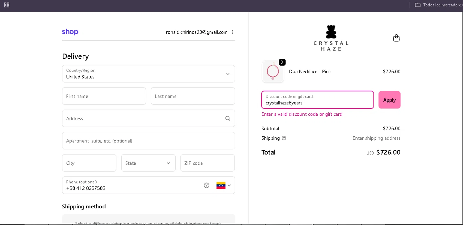 Crystal Haze Jewelry discount code screenshot showing code crystalhaze8years applied at Crystal Haze Jewelry checkout page. Uploaded by SimplyCodes community member Egni_149037891 on Jan 6, 2026