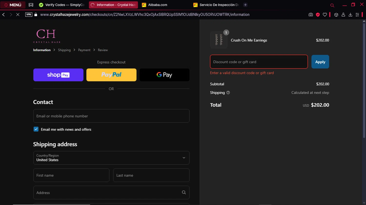 Crystal Haze Jewelry discount code screenshot showing code crystalhaze8years applied at Crystal Haze Jewelry checkout page. Uploaded by SimplyCodes community member CorrectorDeCupones on Mar 19, 2025