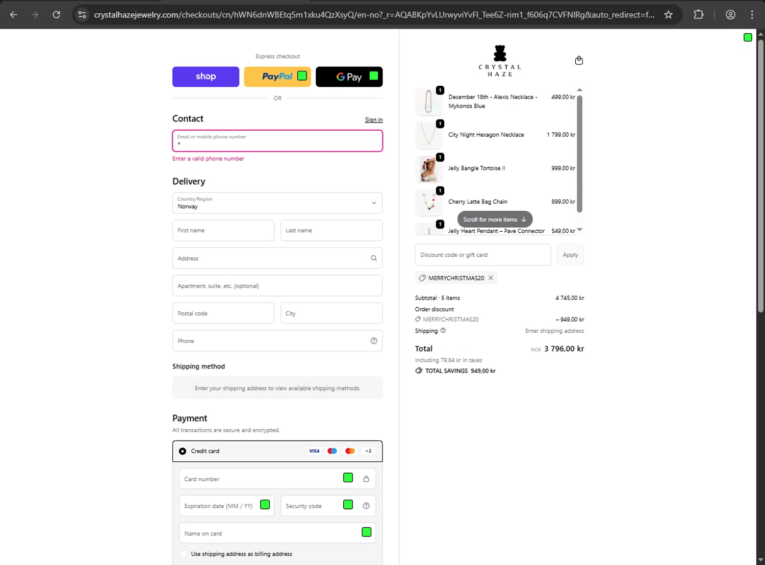 Crystal Haze Jewelry checkout page showing Crystal Haze Jewelry discount code box | Screenshot taken by SimplyCodes community member on Dec 20, 2025