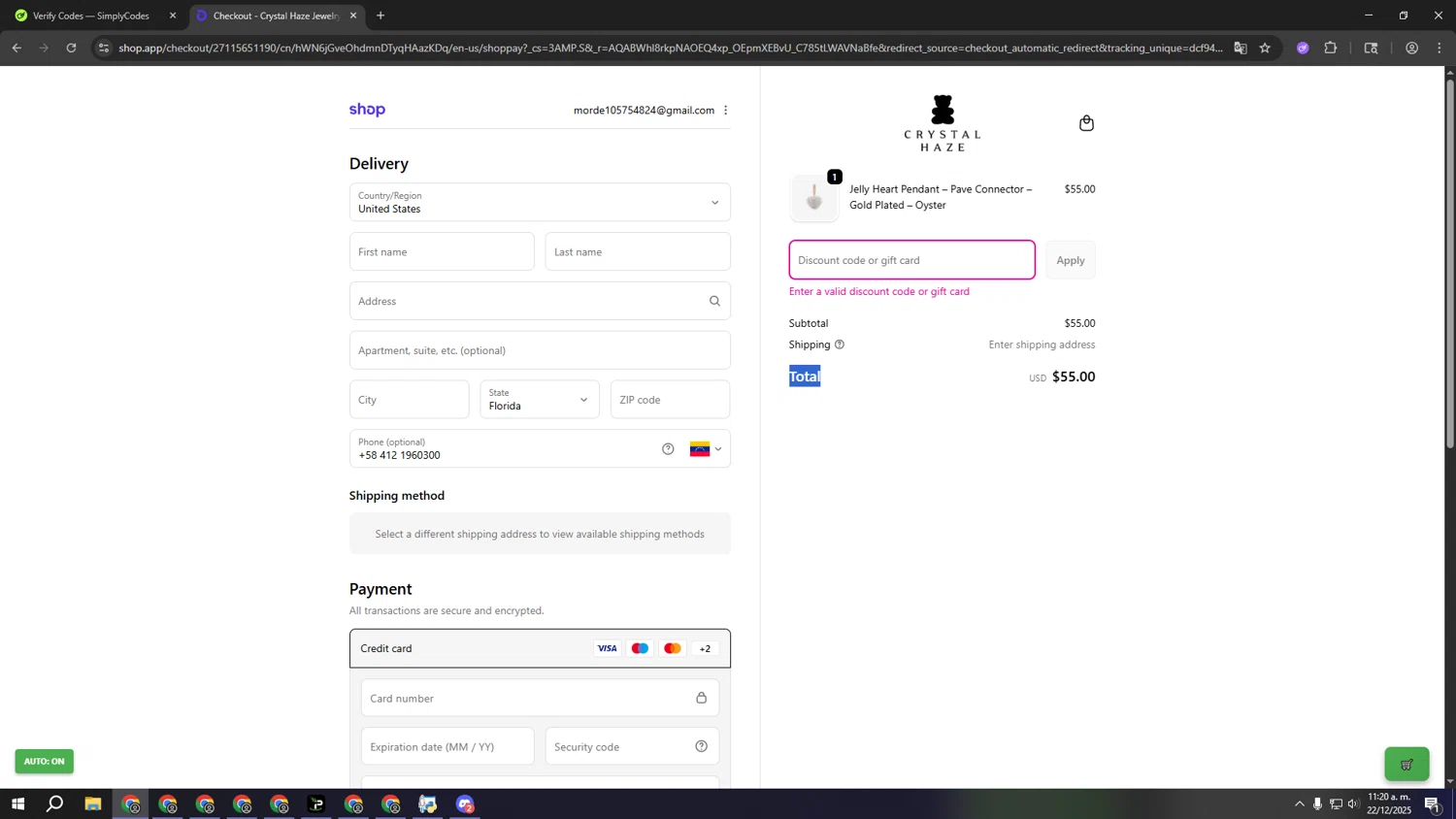 Crystal Haze Jewelry discount code screenshot showing code MerryChristmas20 applied at Crystal Haze Jewelry checkout page. Uploaded by SimplyCodes community member aaaaaaaaaaaaaaaaaaaaa on Dec 22, 2025