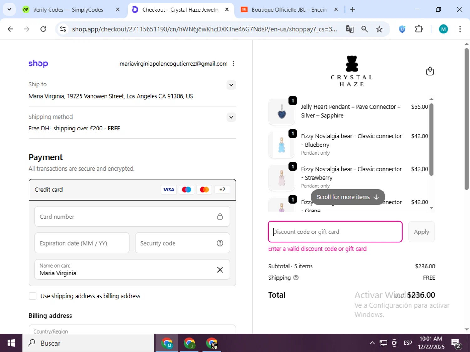 Crystal Haze Jewelry discount code screenshot showing code MerryChristmas20 applied at Crystal Haze Jewelry checkout page. Uploaded by SimplyCodes community member estrellaveloz on Dec 22, 2025