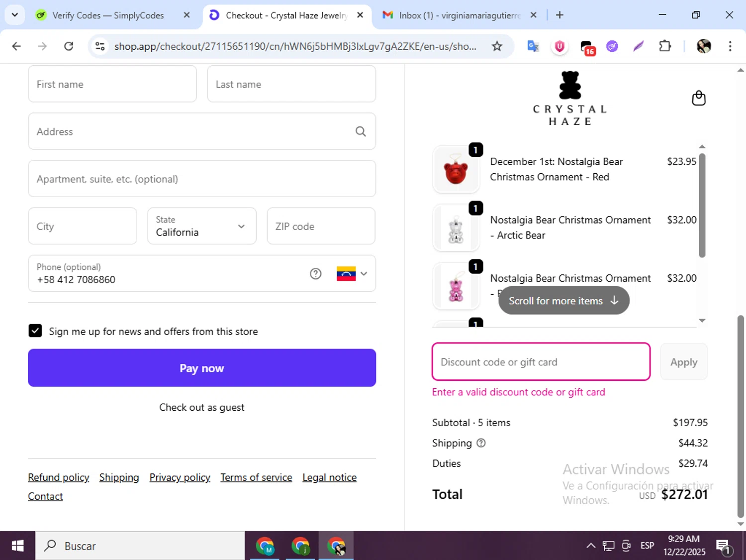 Crystal Haze Jewelry discount code screenshot showing code MerryChristmas20 applied at Crystal Haze Jewelry checkout page. Uploaded by SimplyCodes community member mariapolancog on Dec 22, 2025