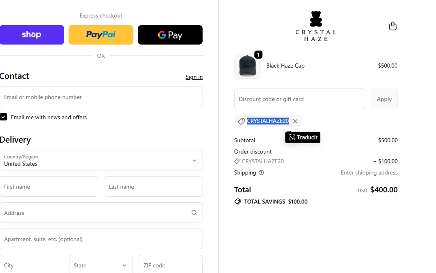 Crystal Haze Jewelry discount code screenshot showing code CRYSTALHAZE20 applied at Crystal Haze Jewelry checkout page. Uploaded by SimplyCodes community member Olorinnnnn on Oct 21, 2025