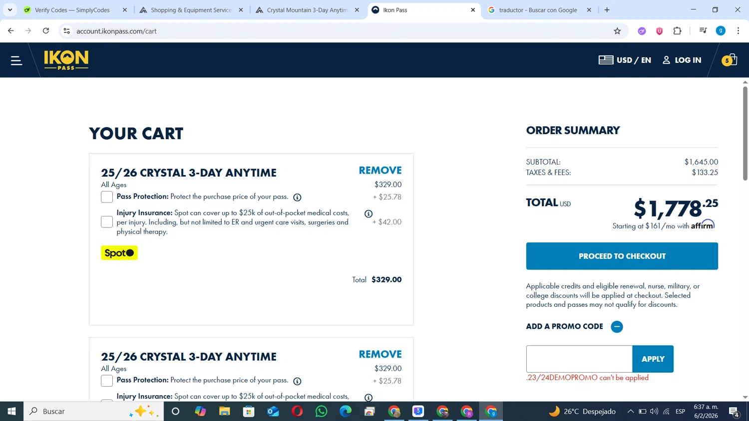 Crystal Mountain Resort promo code screenshot showing code 23/24DEMOPROMO applied at Crystal Mountain Resort checkout page. Uploaded by SimplyCodes community member ANDRES10 on Feb 6, 2026