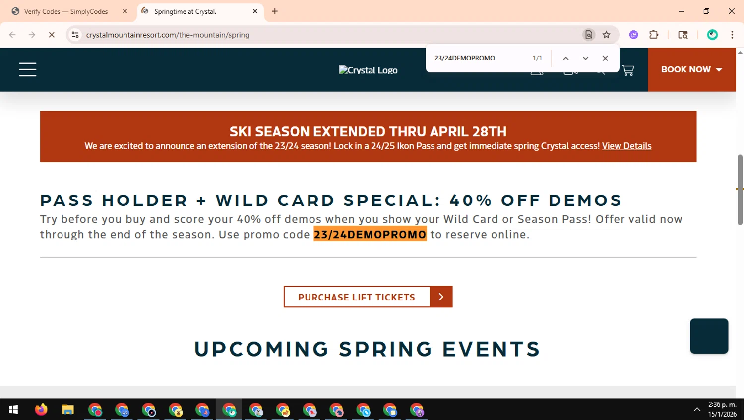 Crystal Mountain Resort checkout page showing Crystal Mountain Resort promo code box | Screenshot taken by SimplyCodes community member on Jan 15, 2026