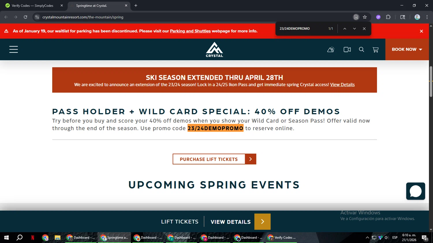Crystal Mountain Resort promo code screenshot showing code 23/24DEMOPROMO applied at Crystal Mountain Resort checkout page. Uploaded by SimplyCodes community member ShrewdSeeker6165 on Jan 21, 2026