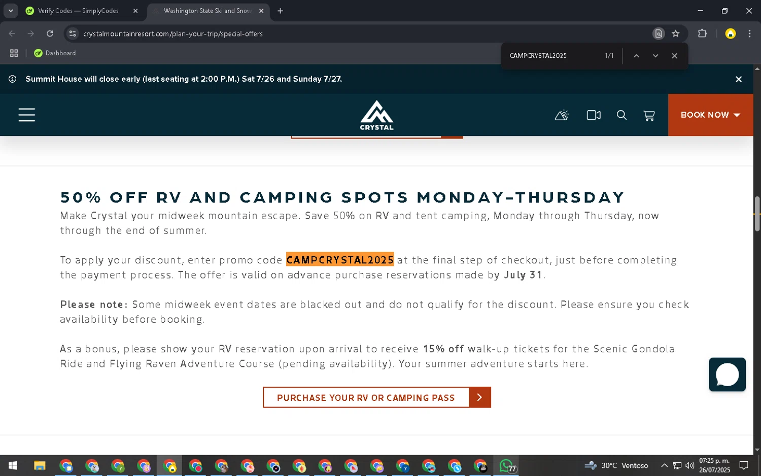 Crystal Mountain Resort promo code screenshot showing code CAMPCRYSTAL2025 applied at Crystal Mountain Resort checkout page. Uploaded by SimplyCodes community member SavingsElite8466 on Jul 26, 2025