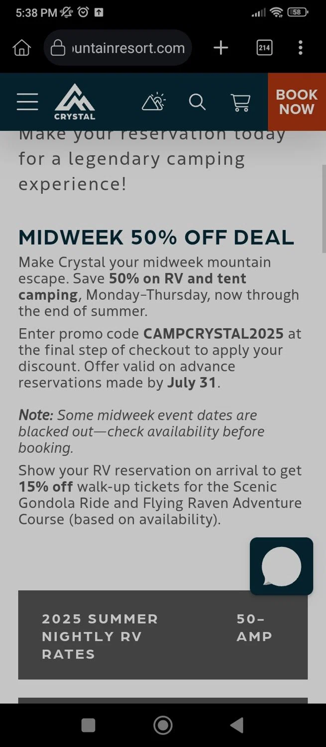 Crystal Mountain Resort promo code screenshot showing code CAMPCRYSTAL2025 applied at Crystal Mountain Resort checkout page. Uploaded by SimplyCodes community member User07 on Jul 28, 2025
