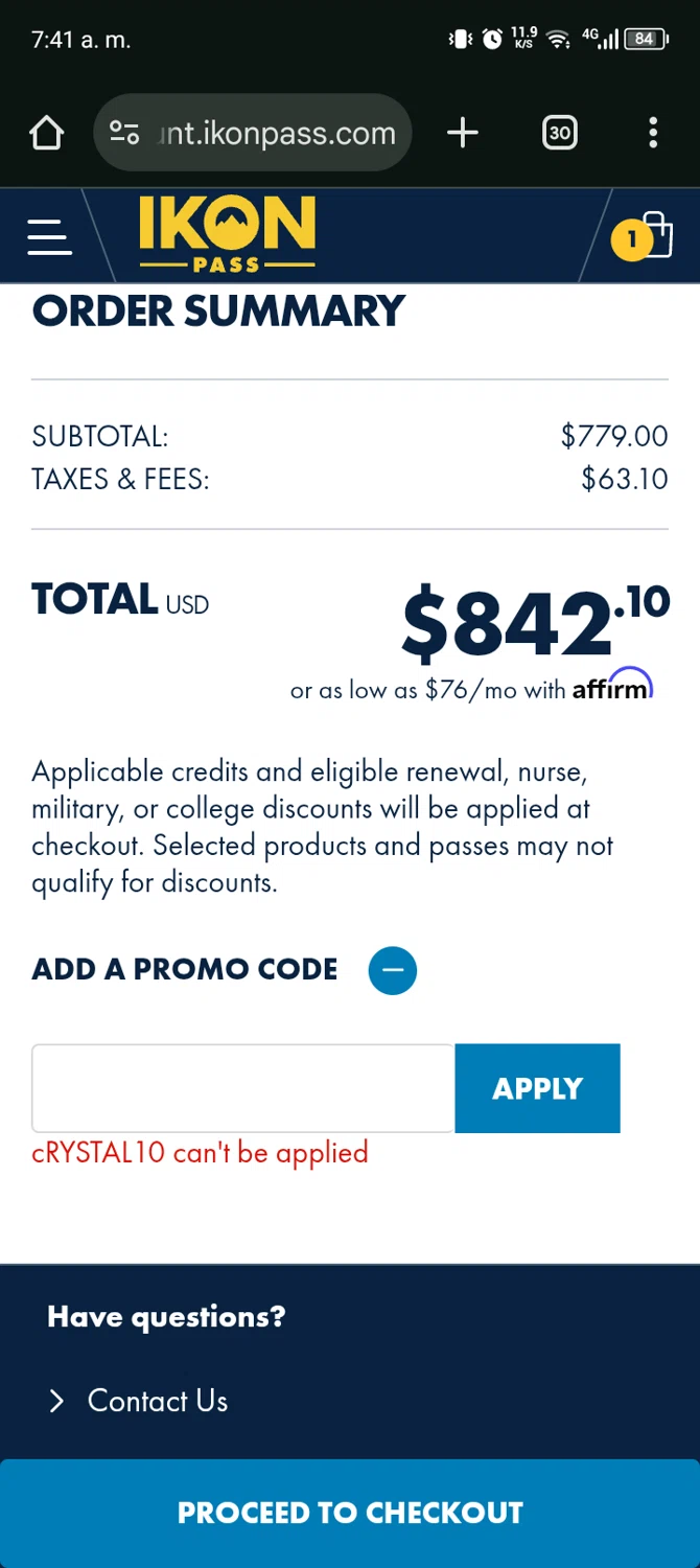 Crystal Mountain Resort promo code screenshot showing code CRYSTAL10 applied at Crystal Mountain Resort checkout page. Uploaded by SimplyCodes community member Bernado on Jan 27, 2026