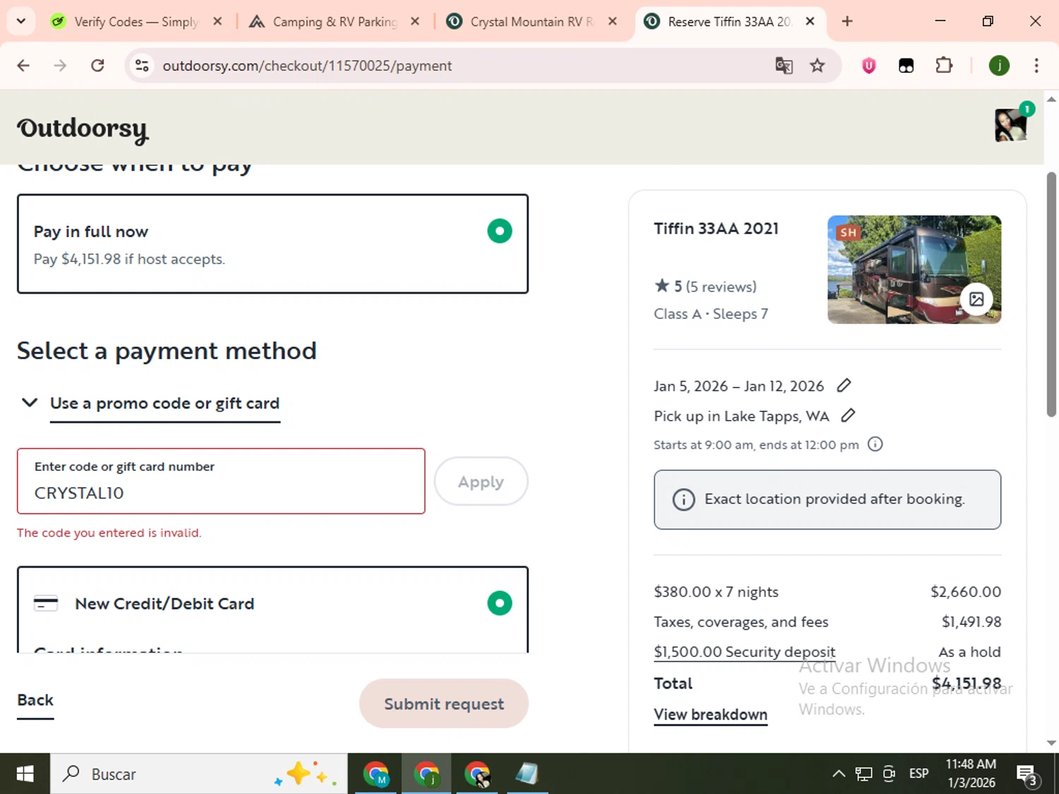 Crystal Mountain Resort promo code screenshot showing code CRYSTAL10 applied at Crystal Mountain Resort checkout page. Uploaded by SimplyCodes community member SavingsCollector2592 on Jan 3, 2026