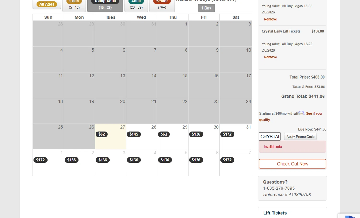 Crystal Mountain Resort promo code screenshot showing code CRYSTAL10 applied at Crystal Mountain Resort checkout page. Uploaded by SimplyCodes community member ligthYA on Jan 27, 2026