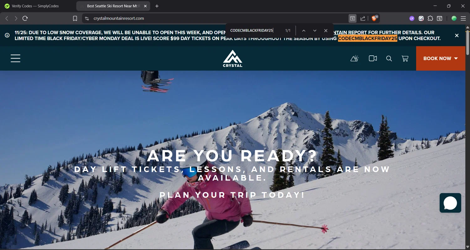 Crystal Mountain Resort promo code screenshot showing code CODECMBLACKFRIDAY25 applied at Crystal Mountain Resort checkout page. Uploaded by SimplyCodes community member Focus_123 on Nov 26, 2025