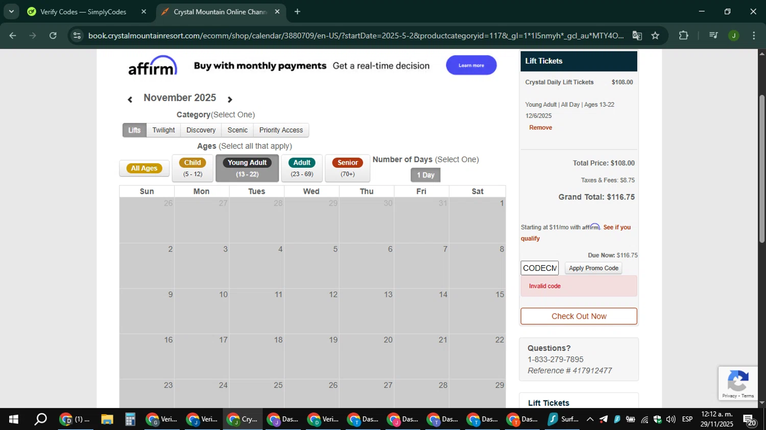 Crystal Mountain Resort promo code screenshot showing code CODECMBLACKFRIDAY25 applied at Crystal Mountain Resort checkout page. Uploaded by SimplyCodes community member ShieldFinder369 on Nov 29, 2025