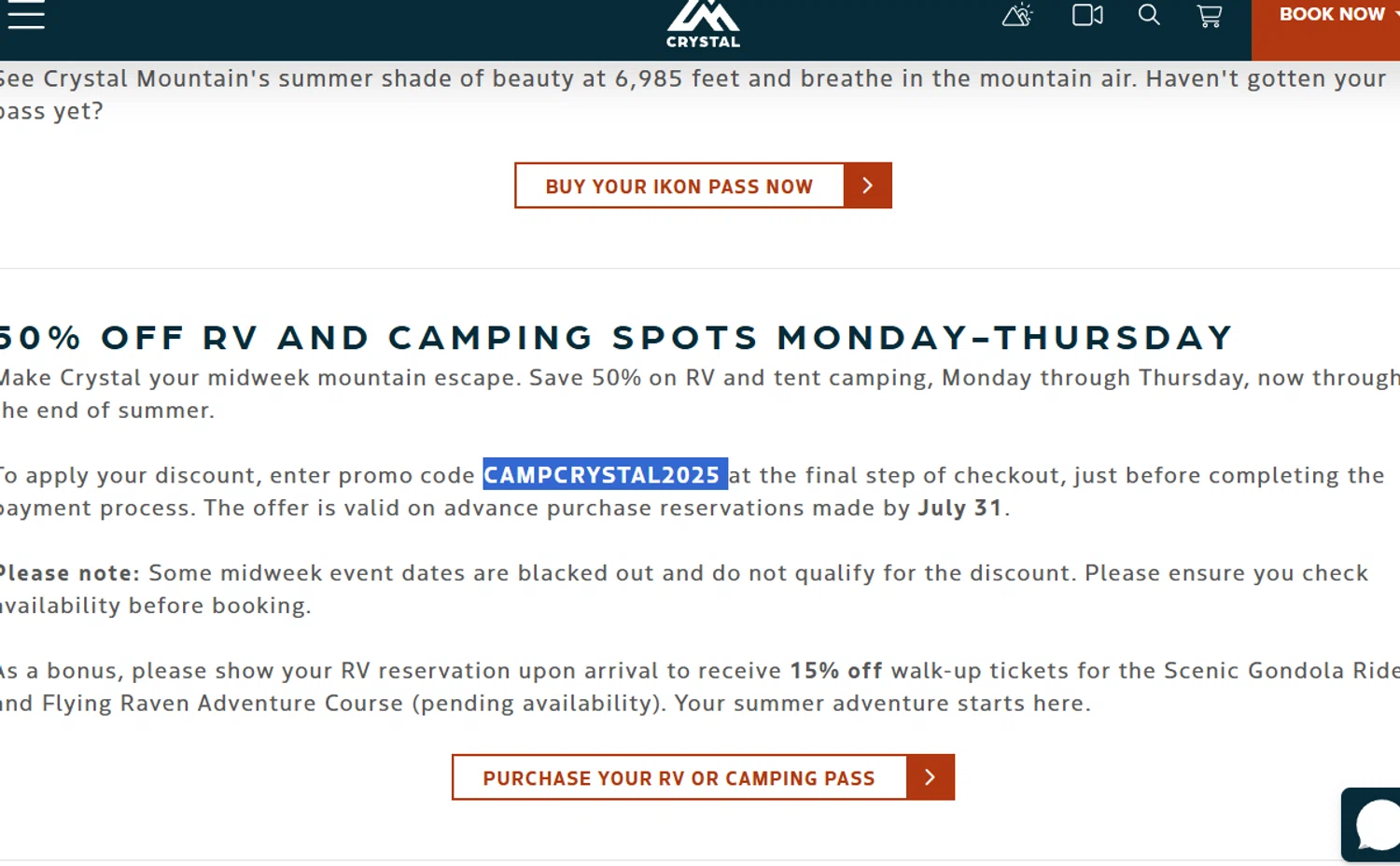 Crystal Mountain Resort promo code screenshot showing code CAMPCRYSTAL2025 applied at Crystal Mountain Resort checkout page. Uploaded by SimplyCodes community member Dejadepicharme on Jul 28, 2025