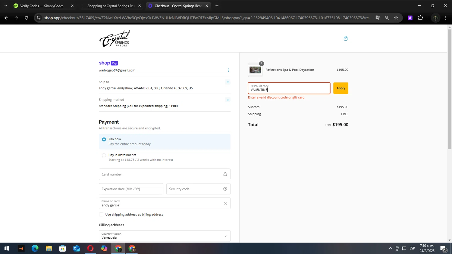 Crystal Springs Resort promo code screenshot showing code VALENTINE applied at Crystal Springs Resort checkout page. Uploaded by SimplyCodes community member Andy2323 on Feb 24, 2025