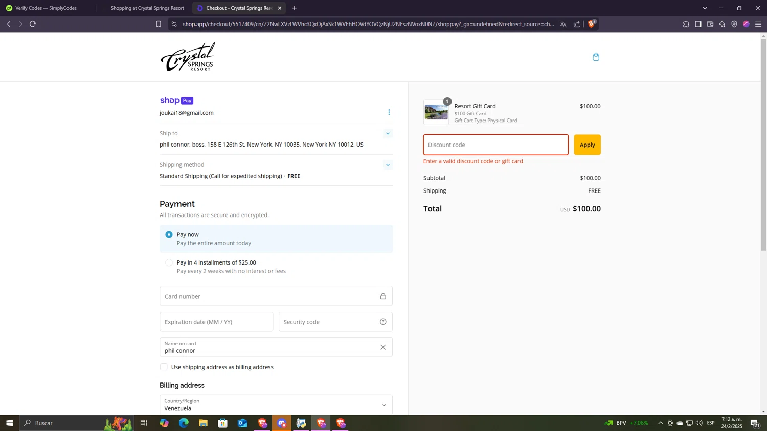 Crystal Springs Resort promo code screenshot showing code VALENTINE applied at Crystal Springs Resort checkout page. Uploaded by SimplyCodes community member Despechao on Feb 24, 2025