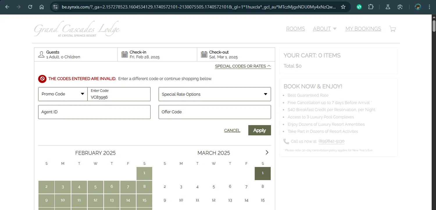 Crystal Springs Resort promo code screenshot showing code VC83956 applied at Crystal Springs Resort checkout page. Uploaded by SimplyCodes community member MariaCorinaMachado on Feb 26, 2025