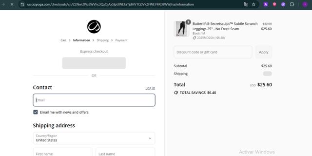 CRZ YOGA checkout page showing CRZ YOGA discount code box | Screenshot taken by SimplyCodes community member on Jul 10, 2025