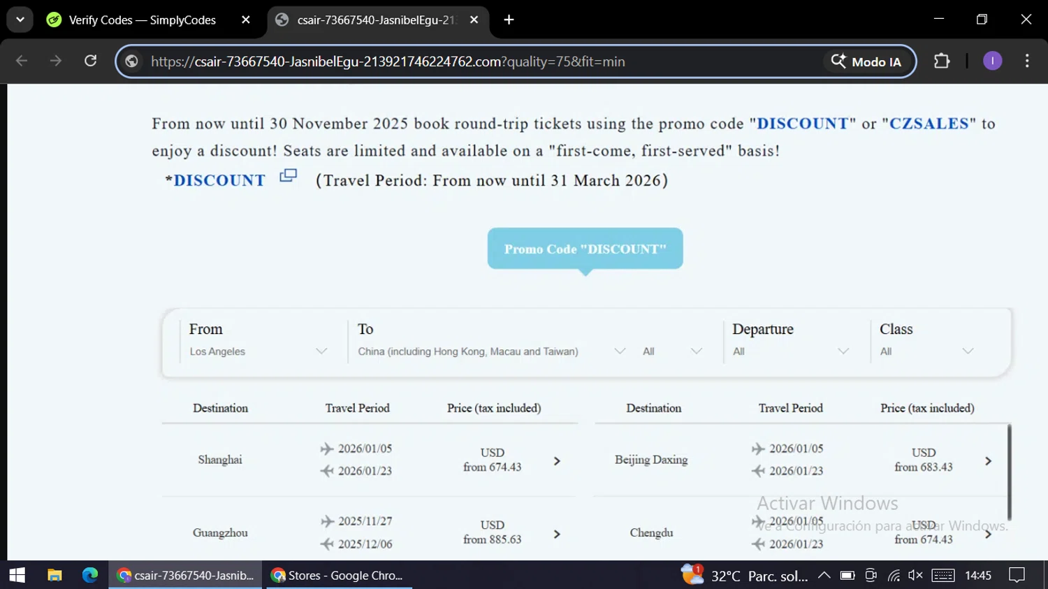 China Southern Airlines checkout page showing China Southern Airlines promo code box | Screenshot taken by SimplyCodes community member on Jan 12, 2026