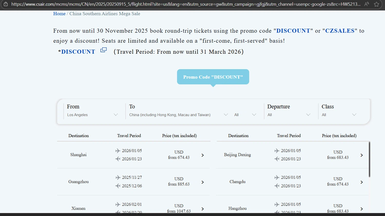 China Southern Airlines promo code screenshot showing code DISCOUNT applied at China Southern Airlines checkout page. Uploaded by SimplyCodes community member JasnibelEgu on Nov 17, 2025