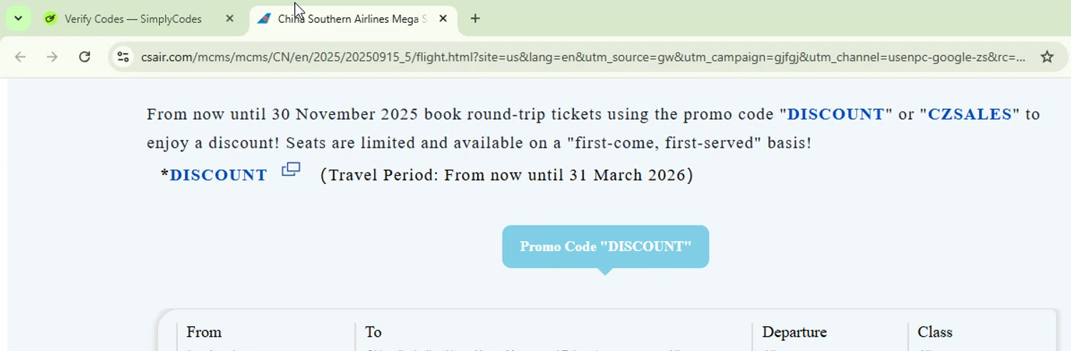 China Southern Airlines promo code screenshot showing code DISCOUNT applied at China Southern Airlines checkout page. Uploaded by SimplyCodes community member Logoteam on Nov 17, 2025