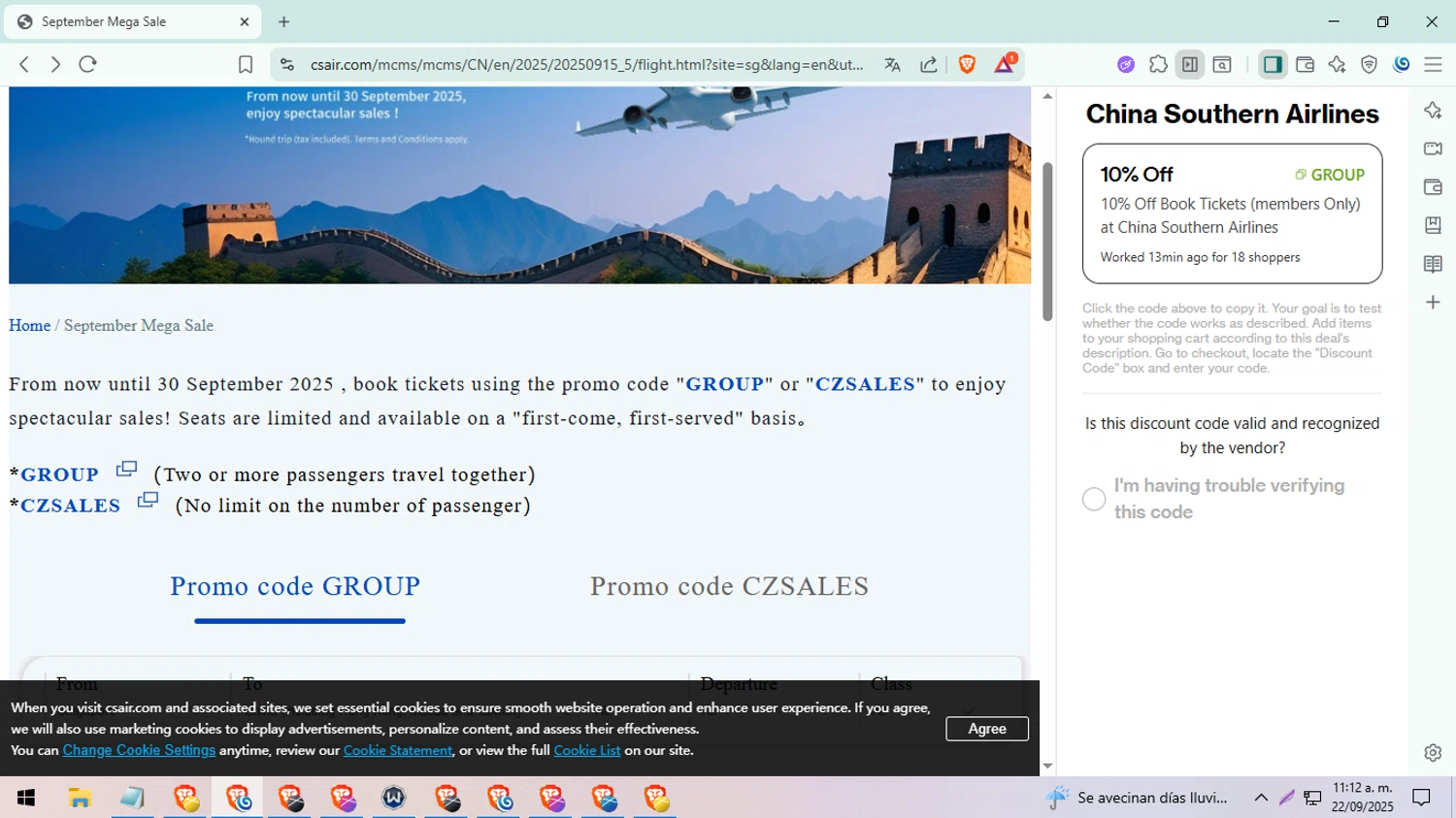 China Southern Airlines promo code screenshot showing code GROUP applied at China Southern Airlines checkout page. Uploaded by SimplyCodes community member ExtraordinarySeeker8039 on Sep 22, 2025