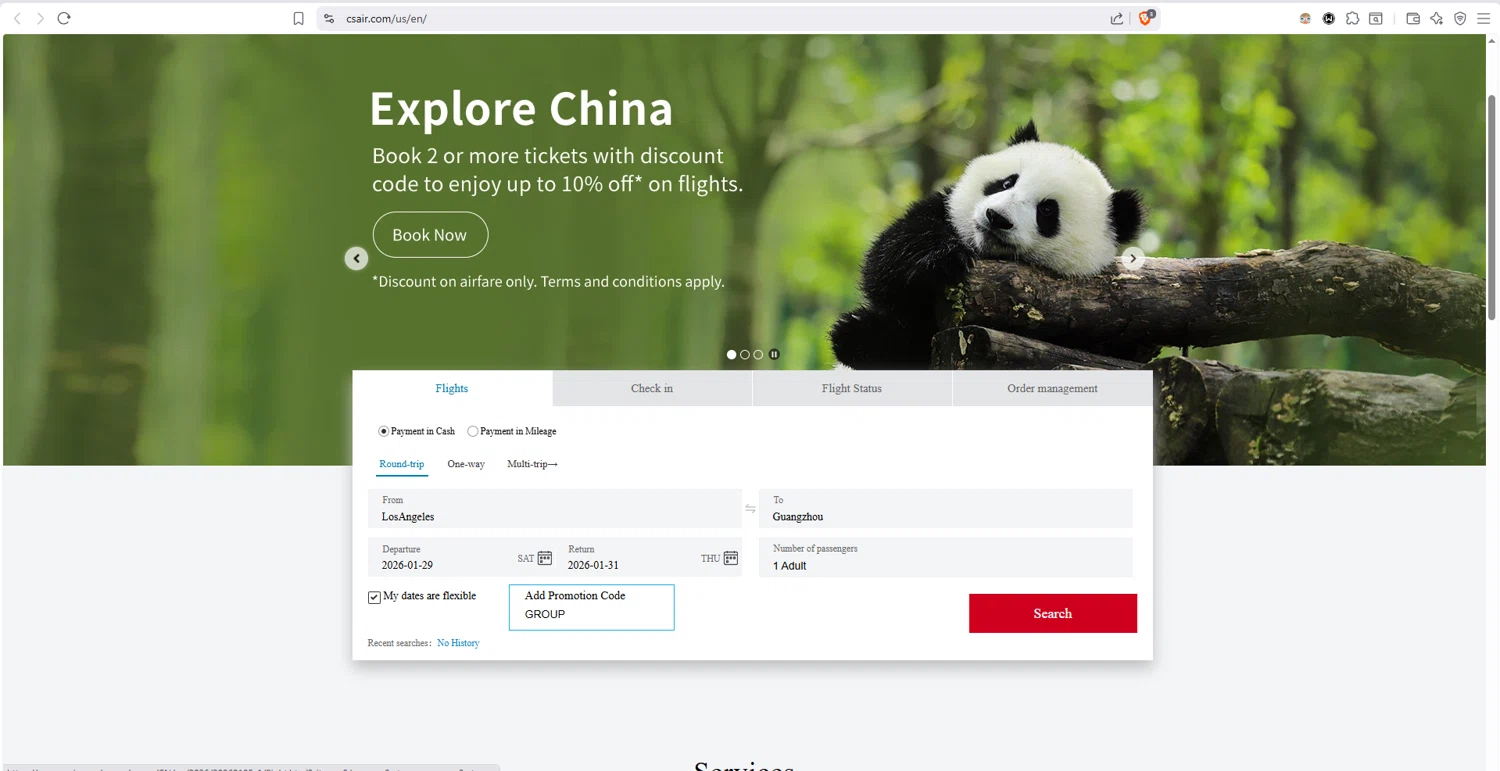 China Southern Airlines checkout page showing China Southern Airlines promo code box | Screenshot taken by SimplyCodes community member on Jan 27, 2026