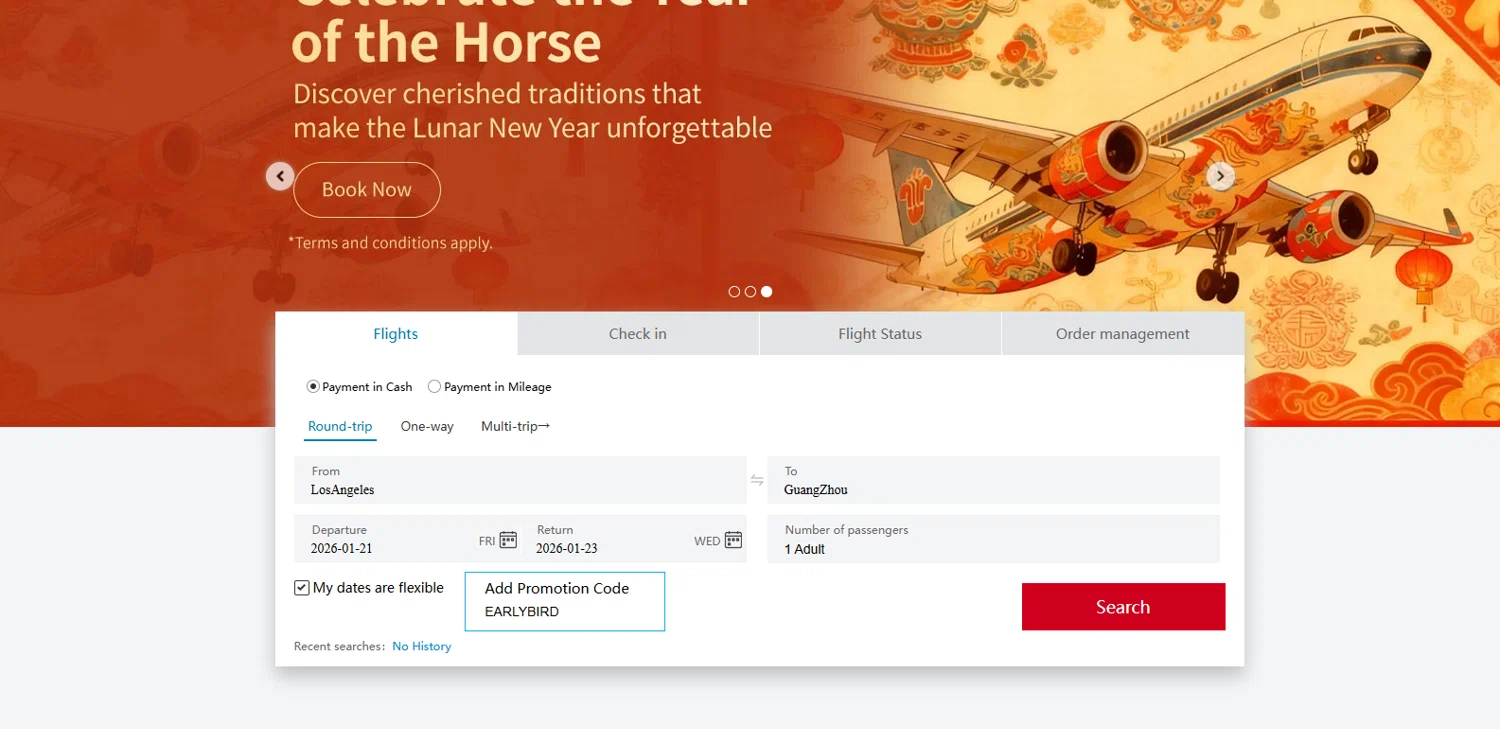 China Southern Airlines checkout page showing China Southern Airlines promo code box | Screenshot taken by SimplyCodes community member on Jan 19, 2026