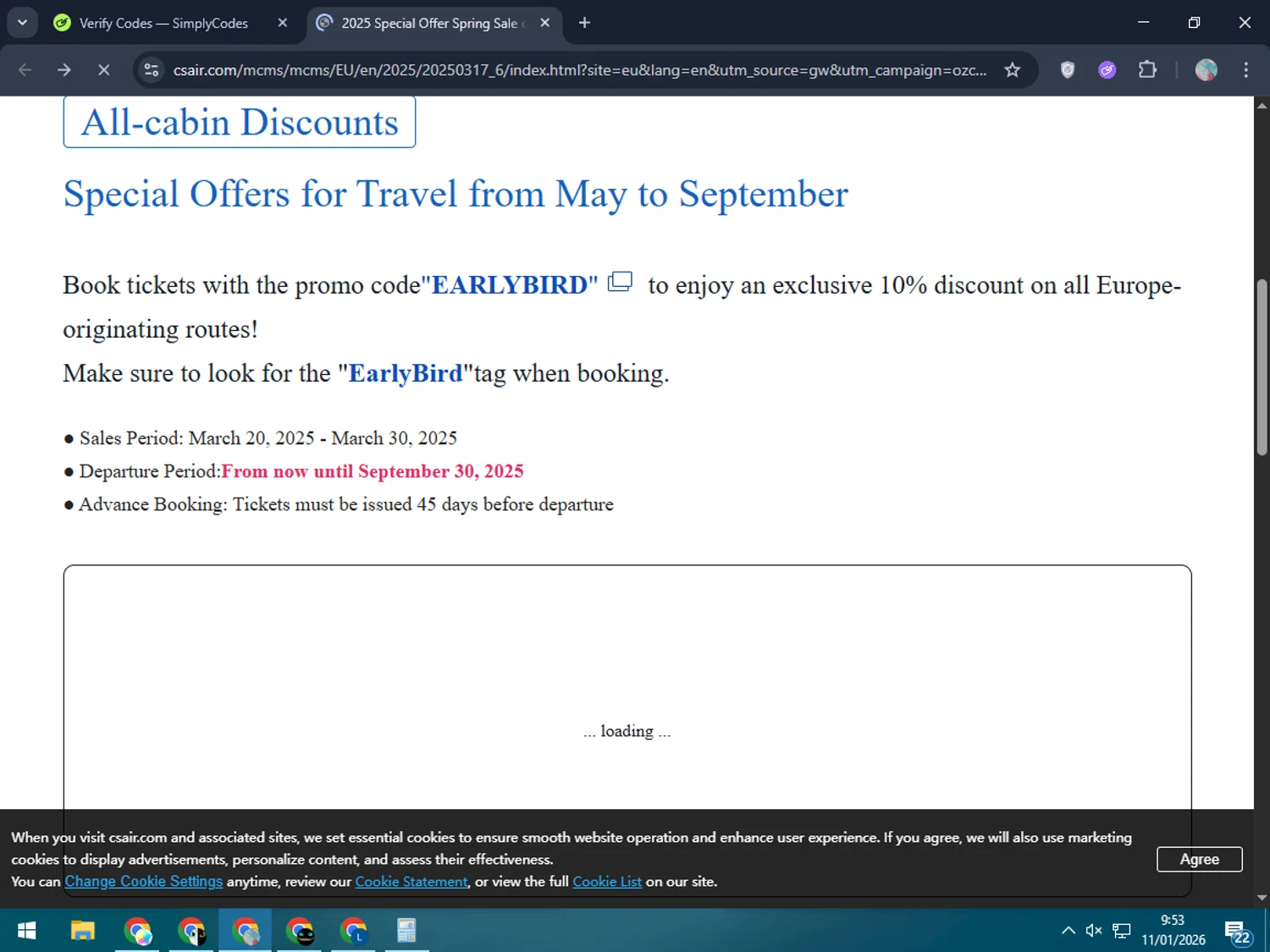 China Southern Airlines checkout page showing China Southern Airlines promo code box | Screenshot taken by SimplyCodes community member on Jan 11, 2026