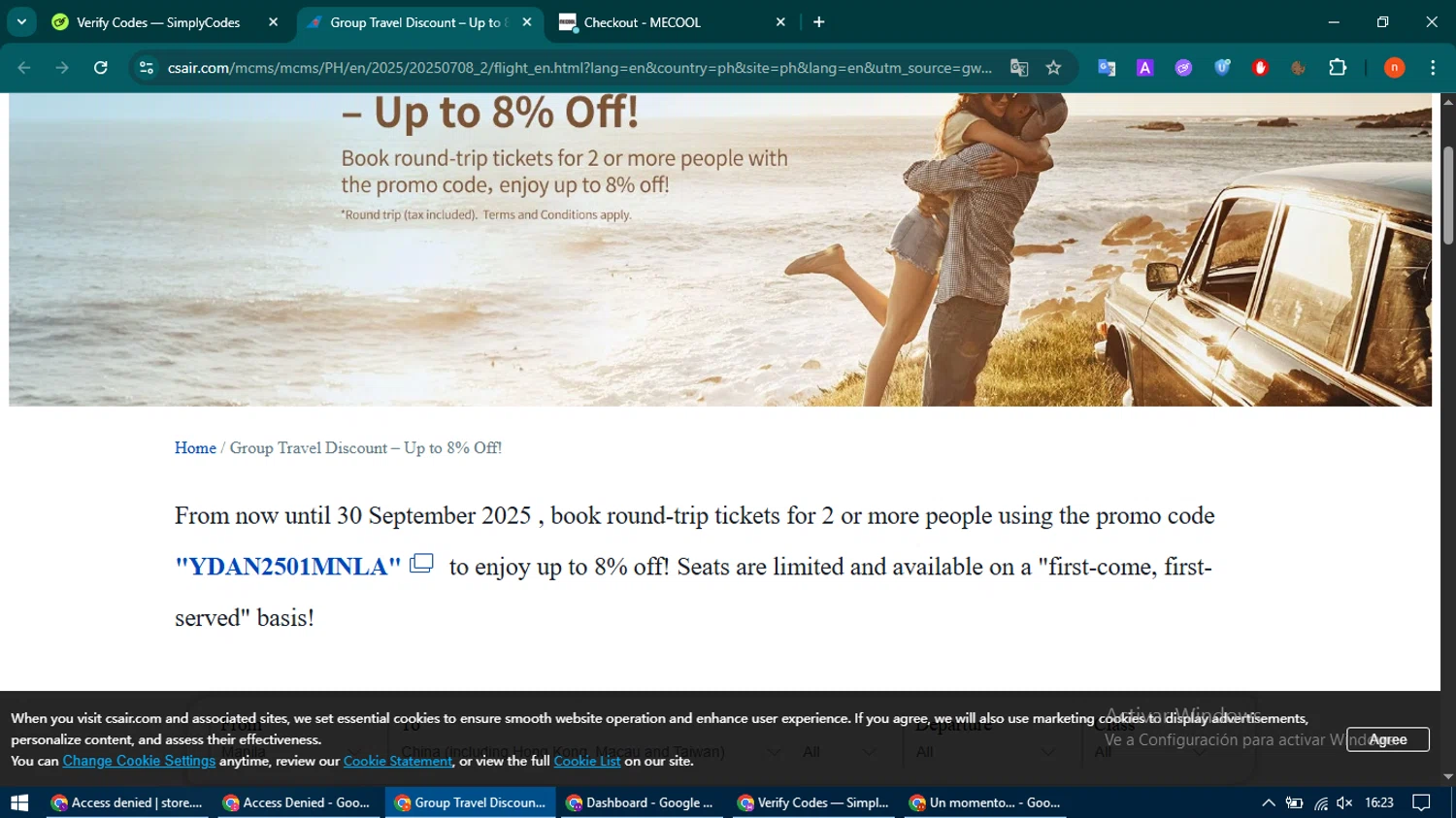 China Southern Airlines promo code screenshot showing code YDAN2501MNLA applied at China Southern Airlines checkout page. Uploaded by SimplyCodes community member CoinMaven895 on Sep 20, 2025