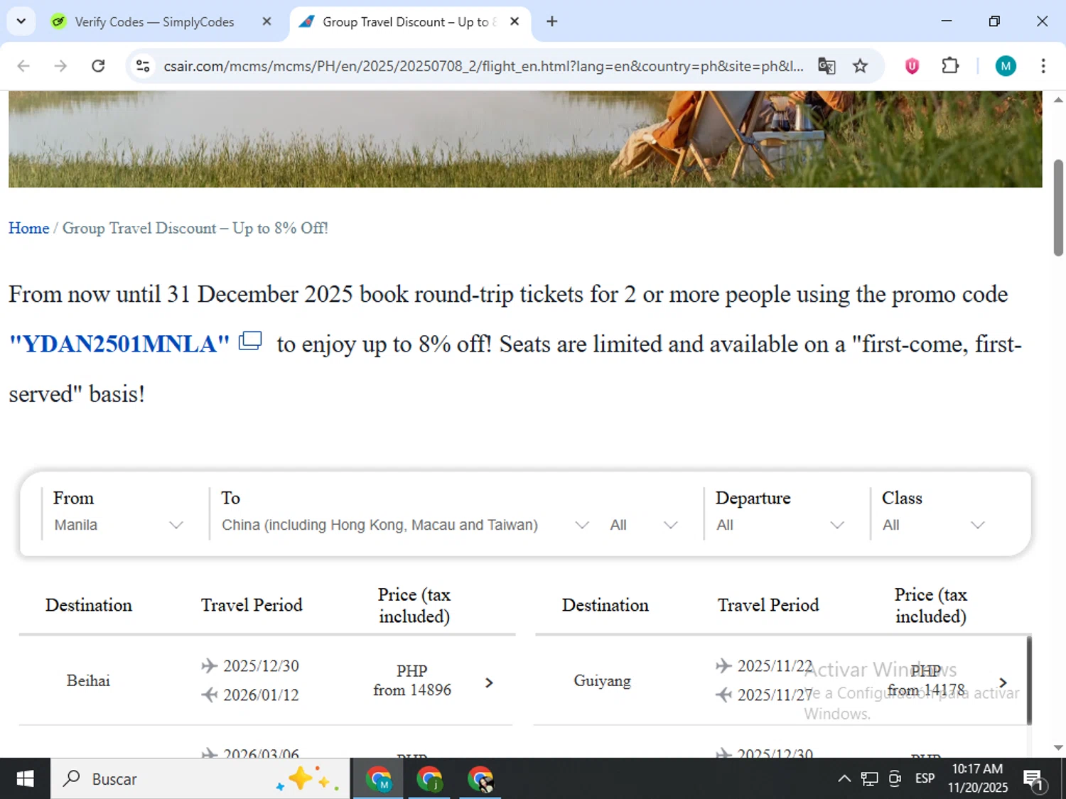 China Southern Airlines promo code screenshot showing code YDAN2501MNLA applied at China Southern Airlines checkout page. Uploaded by SimplyCodes community member estrellaveloz on Nov 20, 2025