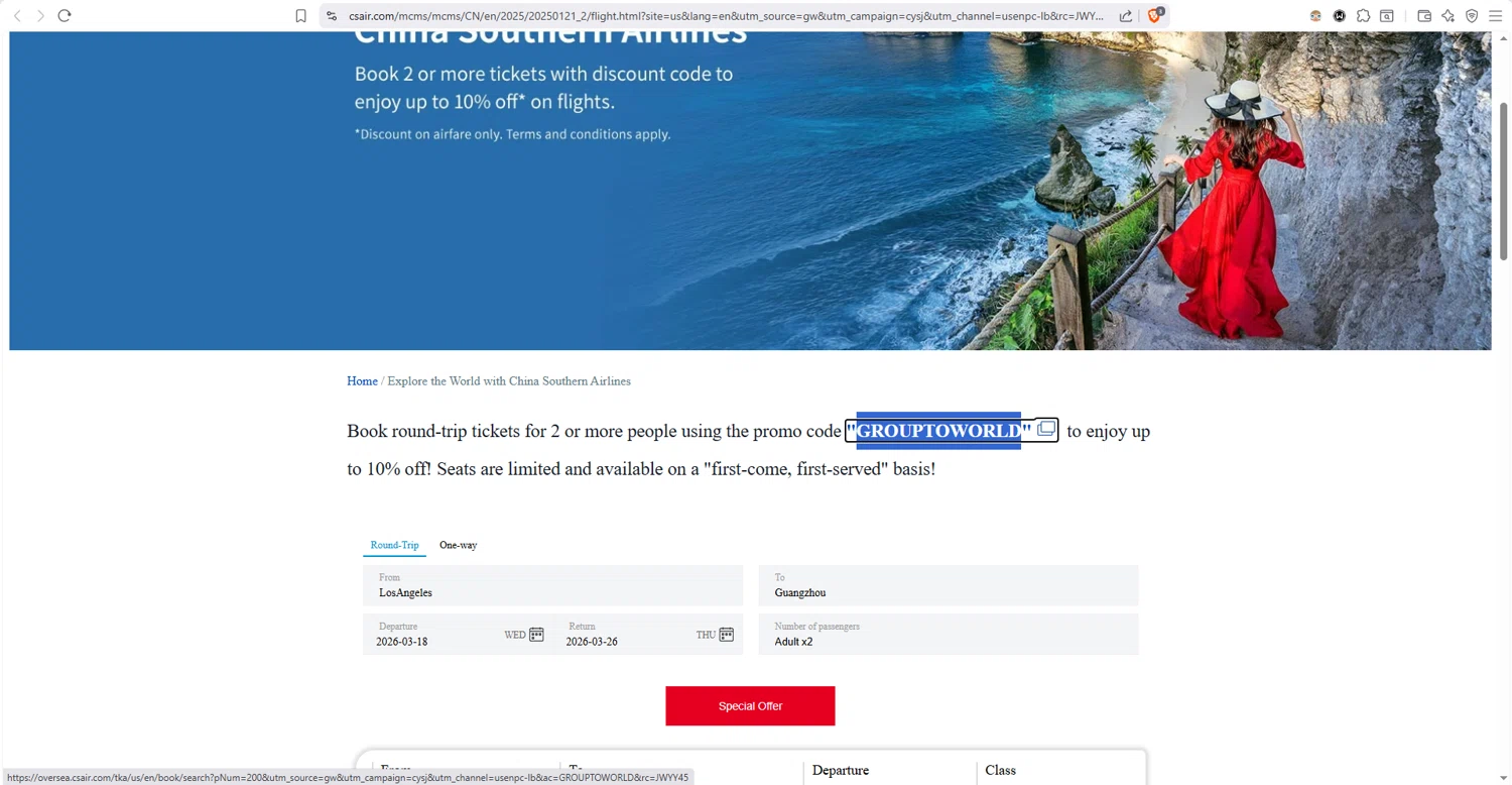 China Southern Airlines checkout page showing China Southern Airlines promo code box | Screenshot taken by SimplyCodes community member on Feb 1, 2026