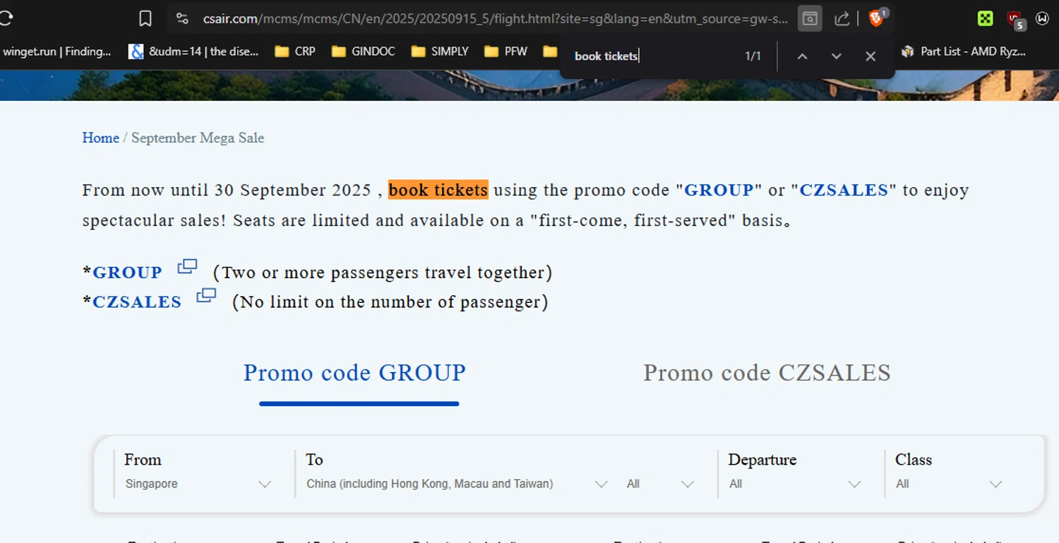 China Southern Airlines promo code screenshot showing code GROUP applied at China Southern Airlines checkout page. Uploaded by SimplyCodes community member RickhiK on Sep 22, 2025