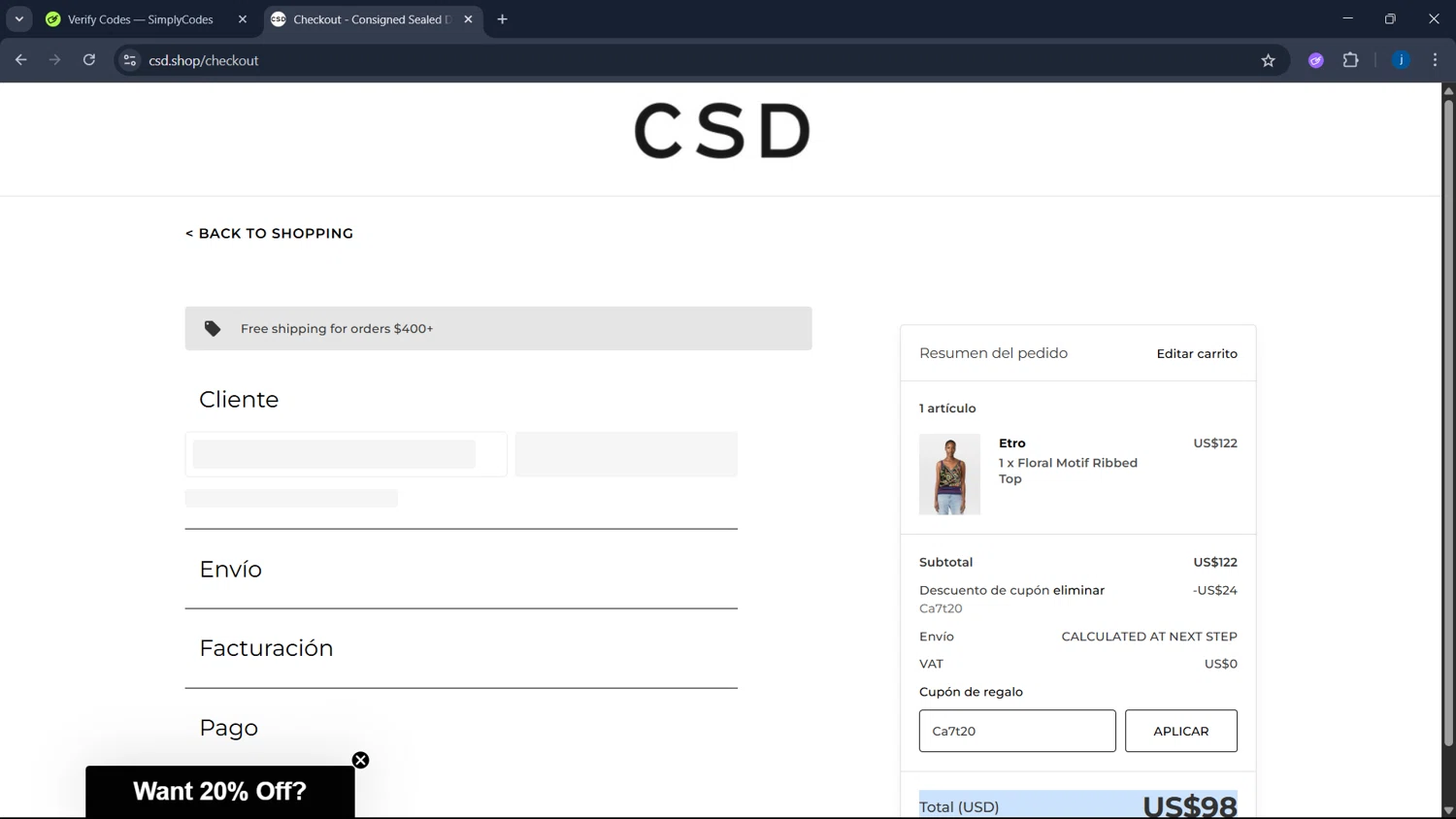 CSD promo code screenshot showing code Ca7t20 applied at CSD checkout page. Uploaded by SimplyCodes community member CodeSaver4373 on May 24, 2025