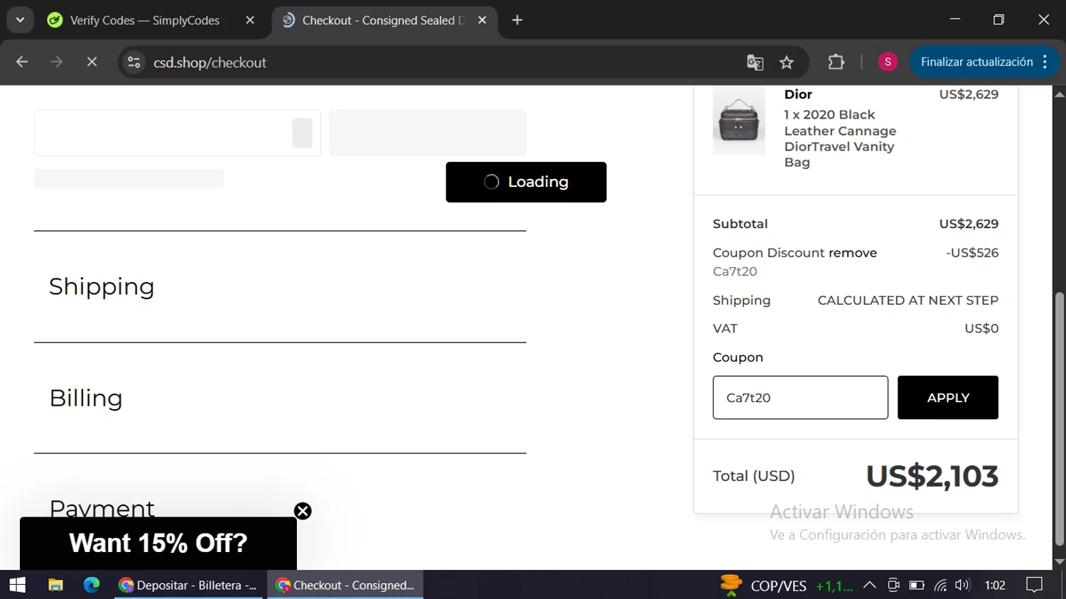 CSD promo code screenshot showing code Ca7t20 applied at CSD checkout page. Uploaded by SimplyCodes community member swiftie on May 17, 2025