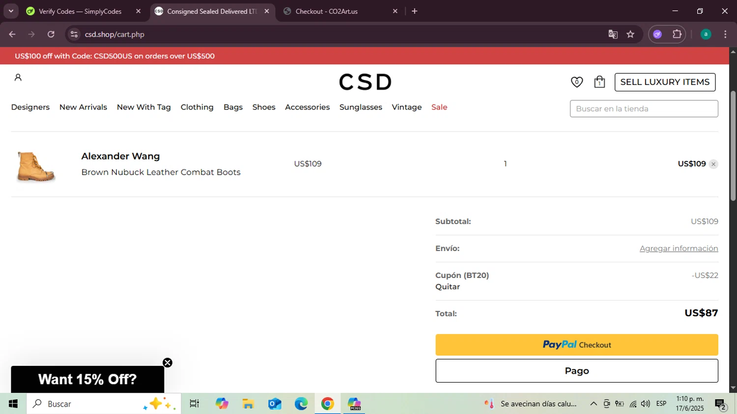CSD promo code screenshot showing code BT20 applied at CSD checkout page. Uploaded by SimplyCodes community member Santiagotremont on Jun 17, 2025