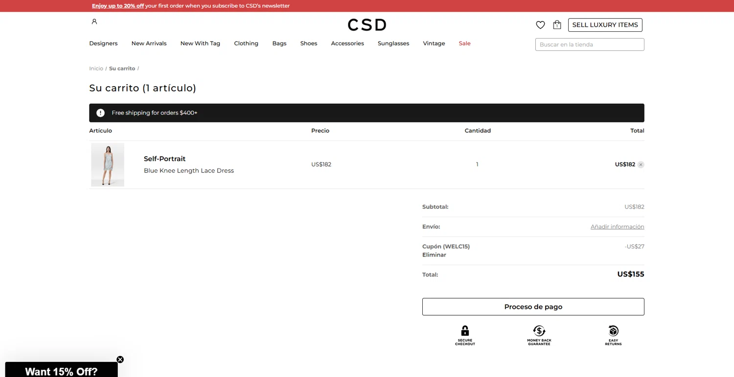 CSD promo code screenshot showing code WELC15 applied at CSD checkout page. Uploaded by SimplyCodes community member VoucherLynx1047 on Jul 15, 2025
